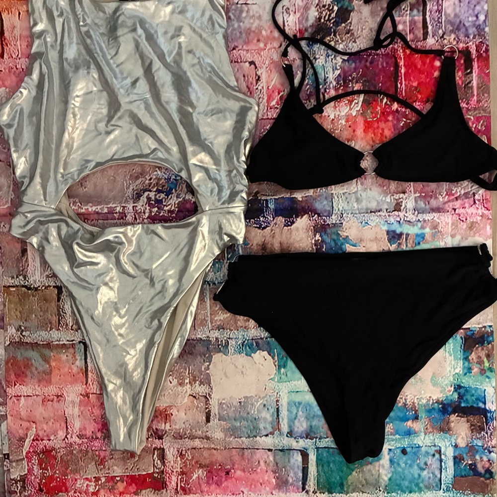 Silver and Black Swimsuit Set